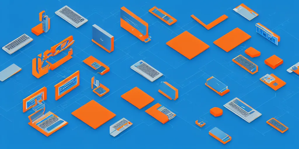 Prompt: Servers and computers, cloud servers, cords, cables, isometric view from above. Minimalistic design, contemporary design, infographics. Logo, Abstract Design. Blue, cyan and orange palette. Vivid, 8K, Epic, Masterpiece