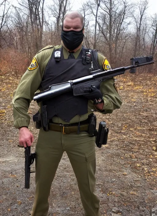 Image similar to Minnesota State Trooper in uniform and rifle in hand, standing victorious over a dead zombie.