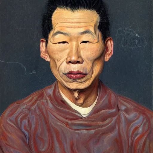 Prompt: detailed portrait of an asian american man in his 3 0 s, by lucian freud, francis bacon, john chamberlain, willem de kooning, andreas franke, jean giraud, rob gonsalves, james gurney, james jean, ruan jia, gustav klimt