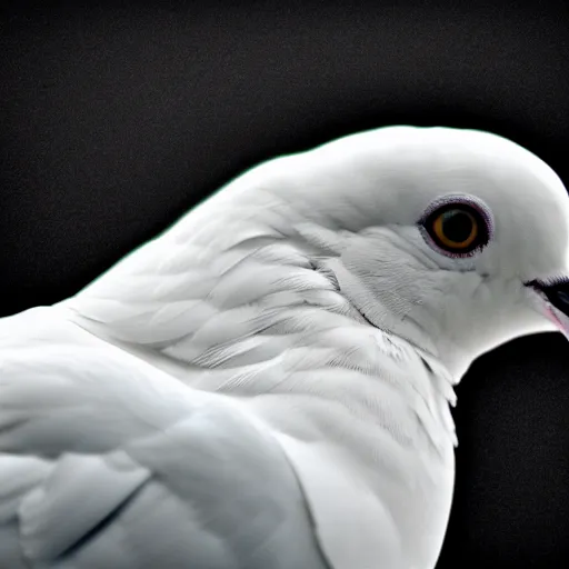 Image similar to a realistic photo of a white dove on a solid black background, high contrast, 8k, film grain, highly detailed