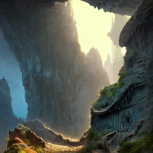 Prompt: “A beautiful hyper realistic detailed matte painting of the entrance to a dungeon of the gods at the base of an ancient mountain, dramatic lighting, dynamic lighting, cinematic lighting, lit by morning light, by Finnian MacManus and Jessica Rossier, unreal engine, featured on artstation, ultrawide angle, f8, polarizer filter, lava, magma, oversaturated, dof”