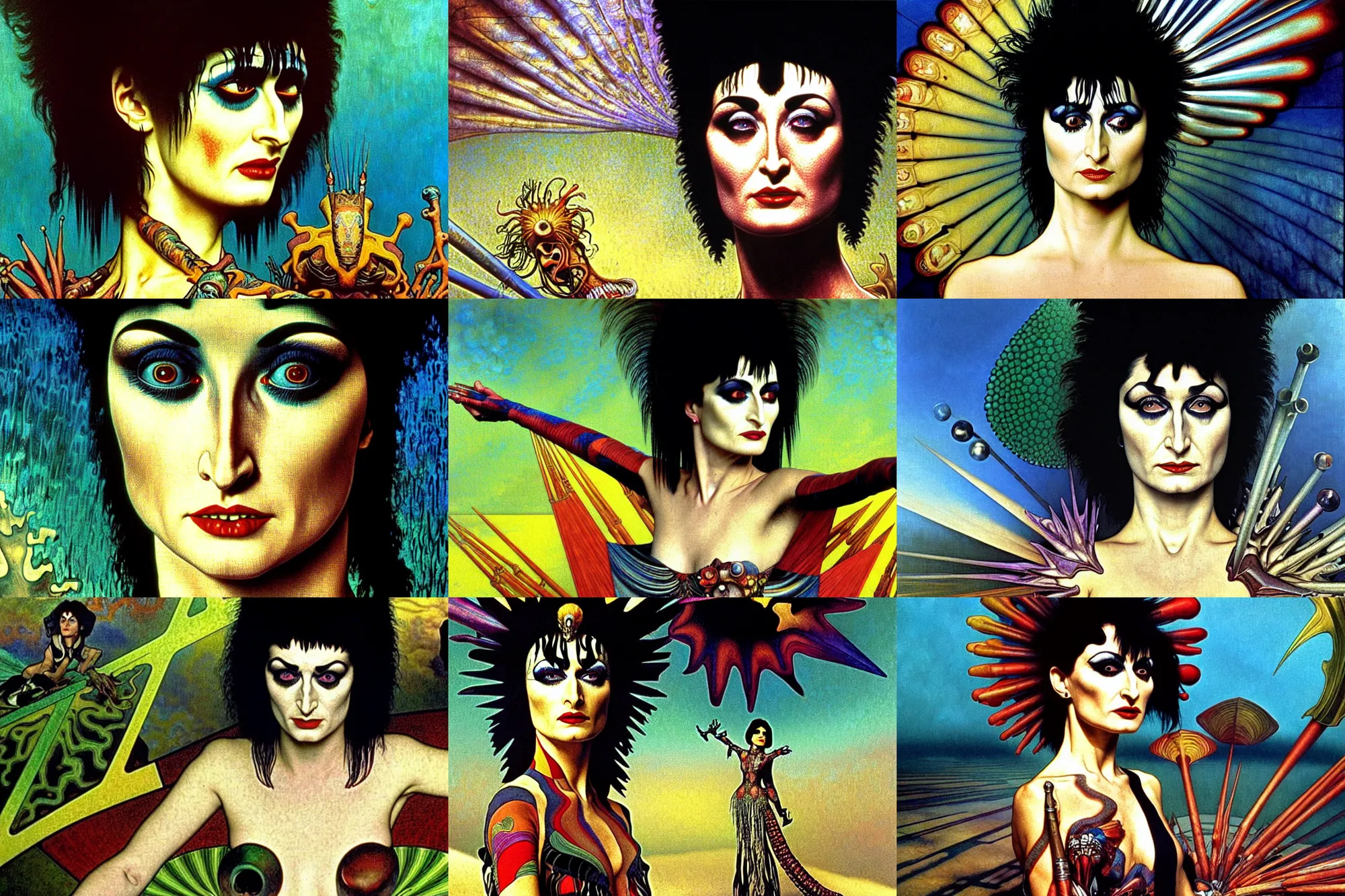 Prompt: realistic detailed closeup portrait movie shot of a siouxsie standing on a giant checkerboard by denis villeneuve, jean deville, amano, yves tanguy, ernst haeckel, alphonse mucha, max ernst, caravaggio, roger dean, masterpiece, rich moody colours