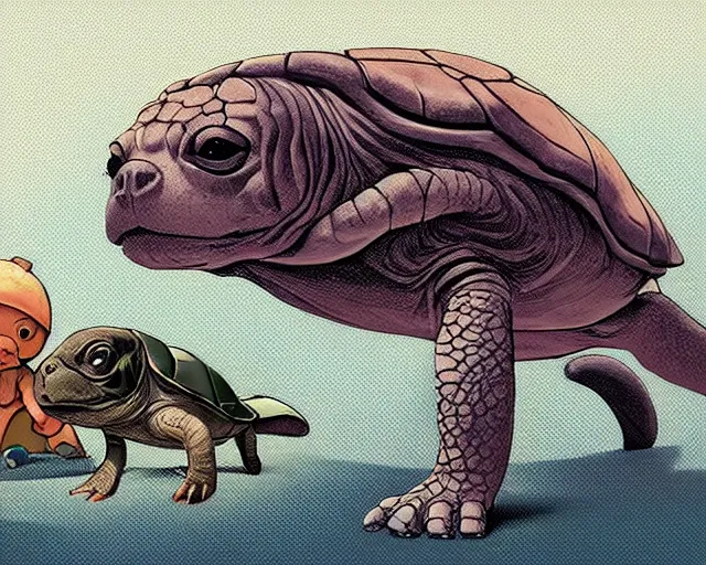 Image similar to cell shaded cartoon of a baby turtle with a bulldog's head, concept art by josan gonzales and wlop, by james jean, victo ngai, david rubin, mike mignola, deviantart, art by artgem