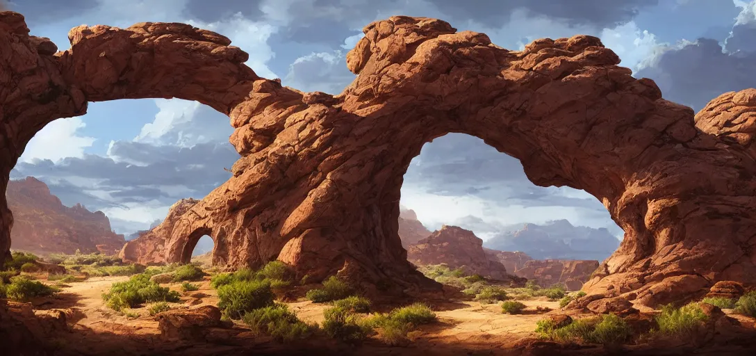 Image similar to beautiful utah desert, rock arcs, lush vegetation, landscape, alex ross, eddie mendoza, raphael lacoste, sebastian ludke, concept art, matte painting, highly detailed, rule of thirds, dynamic lighting, cinematic, detailed, magnificiant landscape, denoised, centerd