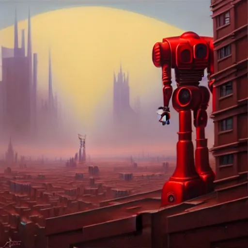 Image similar to a large red robot standing in front of a city, concept art by jarosław jasnikowski, trending on artstation, altermodern, steampunk, concept art, 2 d game art