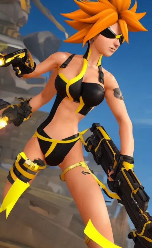 Image similar to tracer game character, in yellow bikini, blonde hair, black eyes, full height