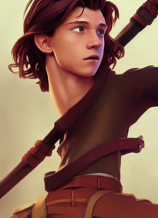 Image similar to skinny young tom holland as jim hawkins from treasure planet, dynamic lighting, path traced, atmospheric, highly detailed, high quality, beautiful painting, octane render, don bluth, ross tran, studio ghibli, alphonse mucha, jama jurabaev, extremely detailed, brush strokes, artstation, artgerm