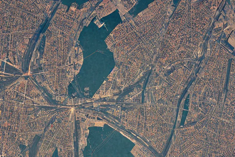 Prompt: bird's eye view satellite image of a Soviet city