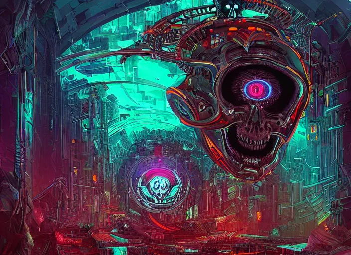 Prompt: a futuristic skull with glowing eyes and a wormhole tunnel cyberpunk art by android jones, cyberpunk art by dan mumford, featured on artstation, darksynth, synthwave