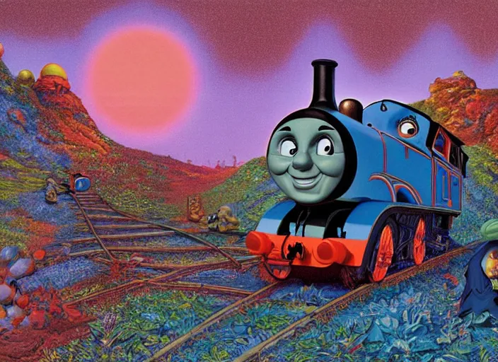 Image similar to psychedelic art of thomas the tank engine meeting god, in the style of michael whelan and james gurney and wayne barlowe