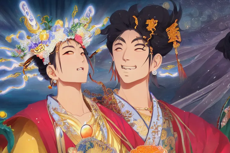 Image similar to close up moment of a divine a japan sun god and a moon goddess lovers magician at a wedding banquet, highly detailed, genshin, fantasy, 4 k realistic, digital painting, trending on artstation, concept art, sharp focus, illustration, art by makoto shinkai and akihiko yoshida and daniel gerhartz