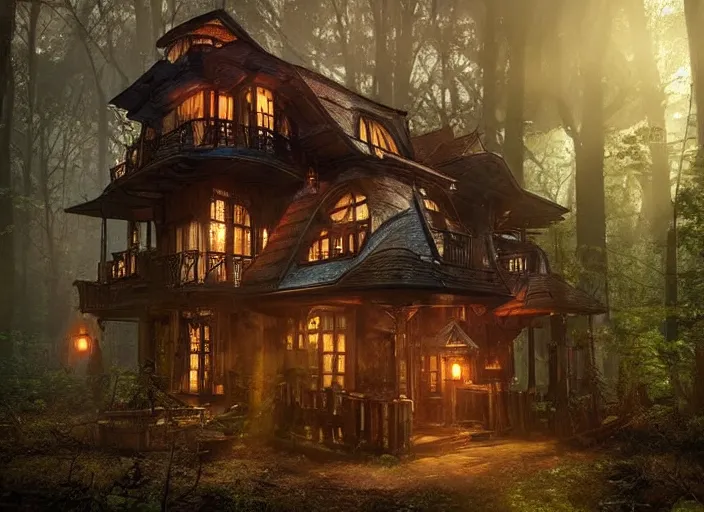 Prompt: house in a clearing in the middle of the forest, beautifully lit, steampunk, magic the gathering