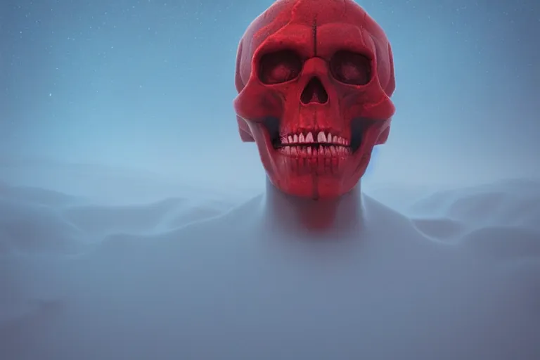 Image similar to a hd render of a hovering red skull, surreal frozen landscape, 8 k, cinematic lighting, by beeple and zdzisław beksinski