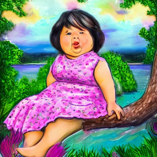 Prompt: spectacular scene of a little fat sweet girl with flowery dress, sitting on a curly branch, and hugging a colorful fish, by the stormy lake. clear beautiful fat face. morning time. an amazingly beautiful scene. beautiful lighting, 4 k post - processing, trending in art station, cg society, highly detailed, 5 k extremely detailed, 3 d. stylize scene.