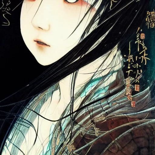 Image similar to yoshitaka amano blurred and dreamy realistic illustration of a japanese woman with black eyes, wavy white hair fluttering in the wind wearing elden ring armor with engraving, abstract patterns in the background, satoshi kon anime, noisy film grain effect, highly detailed, renaissance oil painting, weird portrait angle, blurred lost edges, three quarter view