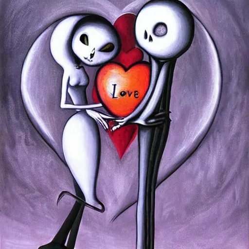 Prompt: surrealism painting of love by the nightmare before christmas