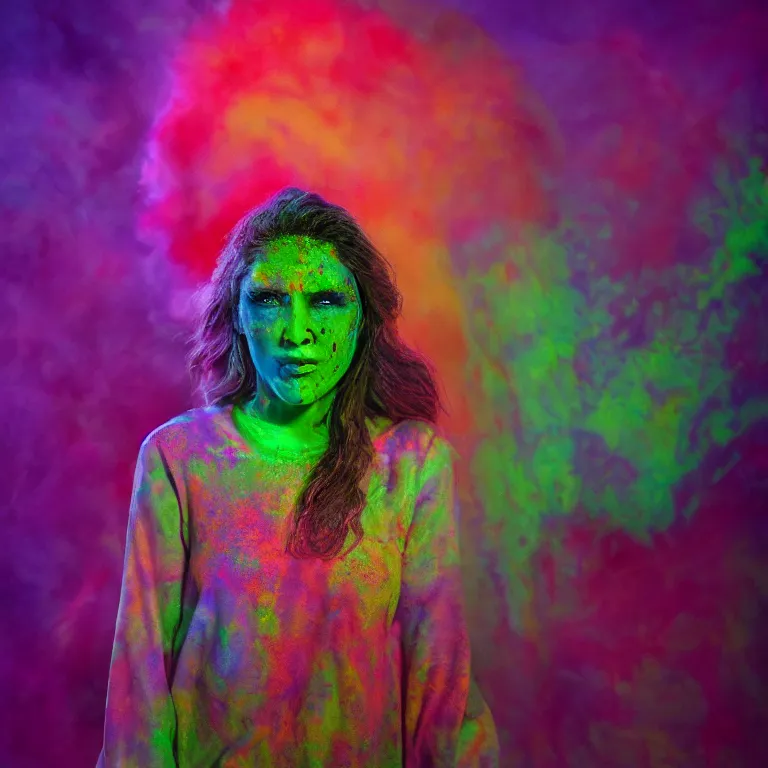 Prompt: octane render portrait by wayne barlow and carlo crivelli and glenn fabry, a beautiful symmetrical woman wearing a skintight bright colorful tie - dye bedsheet happy ghost costume, inside an incredible colorful holi celebration, backlit, dramatic lighting, fog and mist, cinema 4 d, ray traced lighting, very short depth of field, bokeh