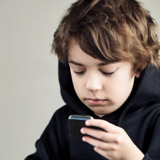 Prompt: a young boy with long greasy hair, wearing a black hoodie, looking down at his phone and slouching