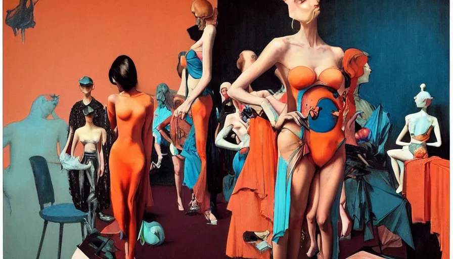 Prompt: fashion runway show by francis bacon, beautiful, surreal, norman rockwell and james jean, greg hildebrandt, and mark brooks, triadic color scheme, by greg rutkowski, syd mead and edward hopper and norman rockwell and beksinski, lingerie, dark surrealism, orange and turquoise