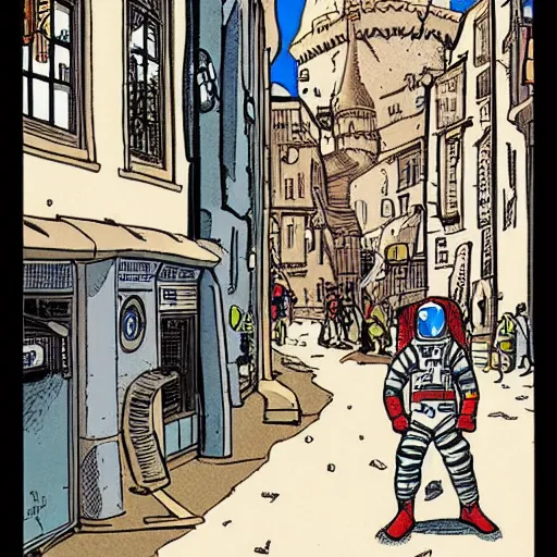 Prompt: Astronaut in a busy medieval street, comic book style, Moebius