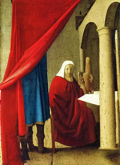 Image similar to red cloth of the floor, medieval painting by jan van eyck, johannes vermeer, florence