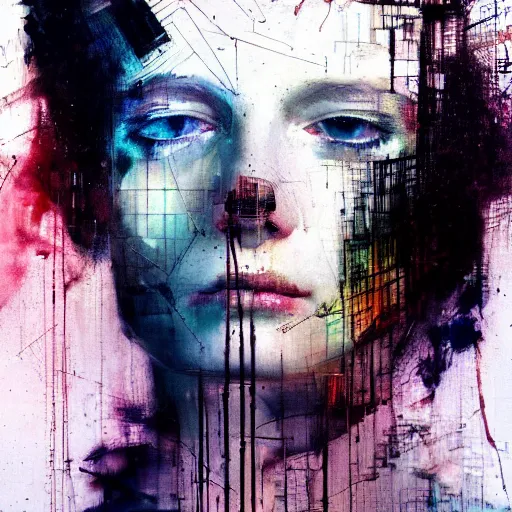 Prompt: portrait of a beautiful young woman cyber dreamer glitchcore wires, machines, by jeremy mann, francis bacon and agnes cecile, and dave mckean ink drips, paint smears, digital glitches glitchart