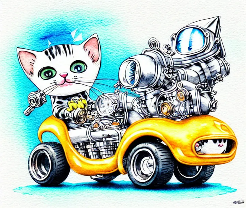 Image similar to cute and funny, kitten wearing a helmet riding in a tiny hot rod with oversized engine, ratfink style by ed roth, centered award winning watercolor pen illustration, isometric illustration by chihiro iwasaki, edited by range murata, tiny details by artgerm and watercolor girl, symmetrically isometrically centered