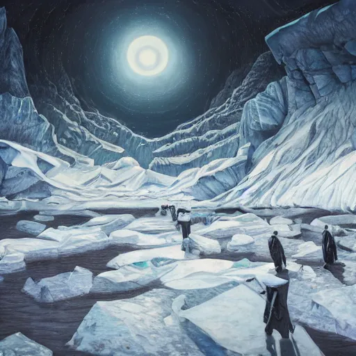 Image similar to menacing absence trailblazer Antarctica glacial cult incomprehensible reality ambience, realistic fantasy, oil painting, extremely high detail, photorealistic, cinematic lighting, oil painting, intricate line drawings, 4k resolution