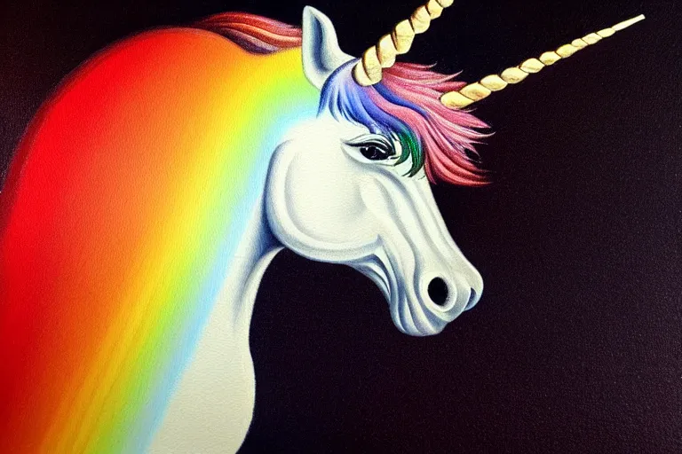 Prompt: detailed traditional painting of a unicorn walking on a rainbow, ( ( rainbow ) ) by caravaggio, authentic, masterpiece, brush strokes, trending on artstation