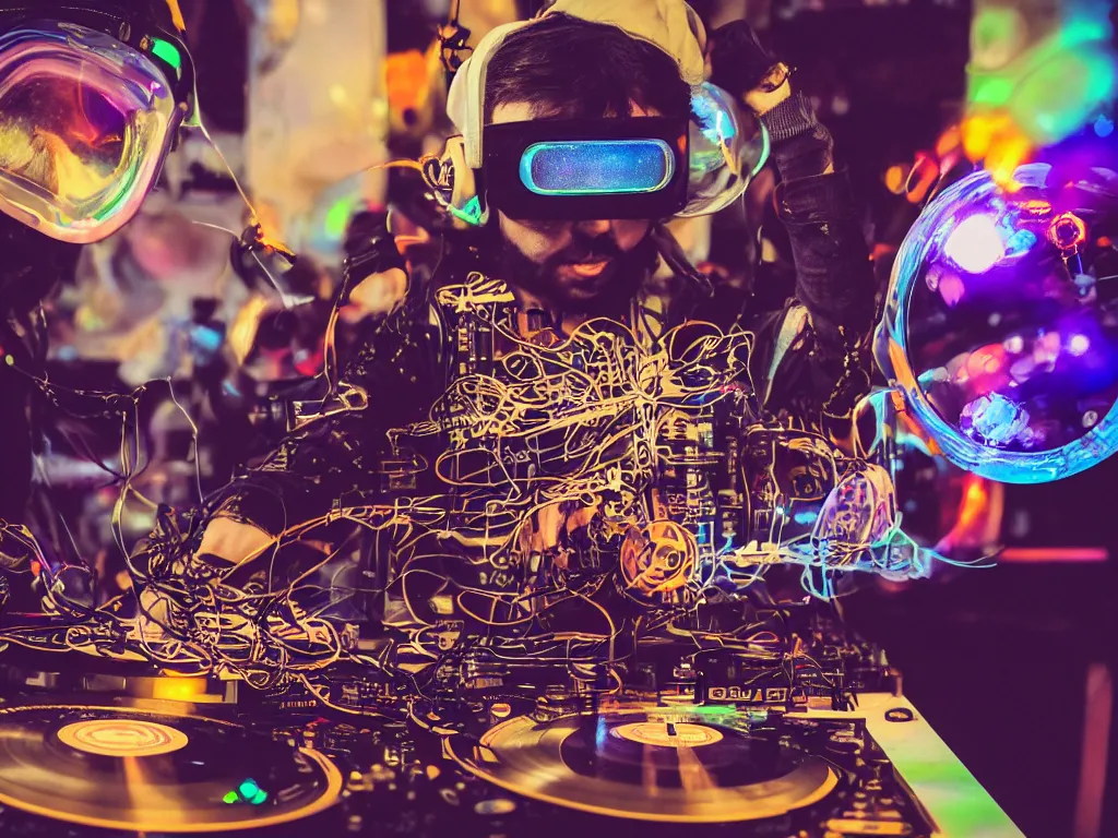 Image similar to a person wearing goggles and visor and headphones using a steampunk record player contraption, wires and tubes, turntablism dj scratching, intricate planetary gears, cinematic, imax, sharp focus, leds, bokeh, iridescent, black light, fog machine, hazy, lasers, hyper color digital art