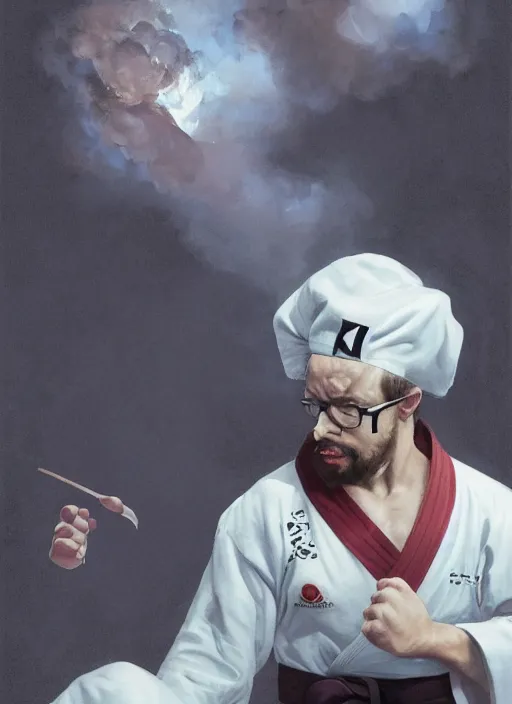 Prompt: Sam Hyde wearing a luxurious karate uniform, MMA southpaw stance, smoky lighting, sigma male, by Milo Manara Gi, Greg Rutkowski,  Zabrocki, Karlkka, Jayison Devadas, Phuoc Quan, trending on Artstation, 8K, ultra wide angle, pincushion lens effect