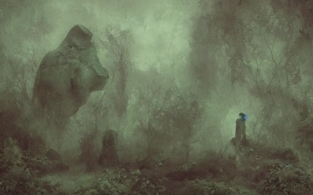 Image similar to the sleeping stone prince submerged in shadow and mist overgrown garden (melancholy), exquisite painting, moody colors chromatic aberration