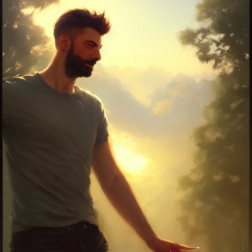 Image similar to 2 handsome masculine guys | | sunny, dreamlike art, mist, realistic shaded, smile, good looking, fine details, 4 k realistic, cryengine, realistic shaded lighting poster by greg rutkowski, magali villeneuve, artgerm, jeremy lipkin and michael garmash and rob rey