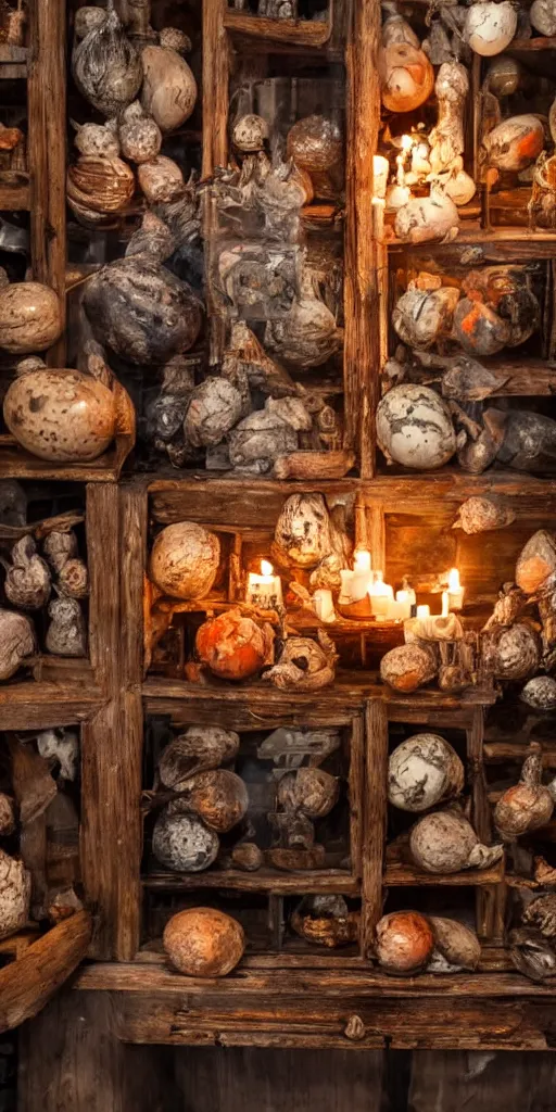 Image similar to a large old wooden cabinet full of extremely detailed scary alien eggs, burning candels in front, beautifull low light