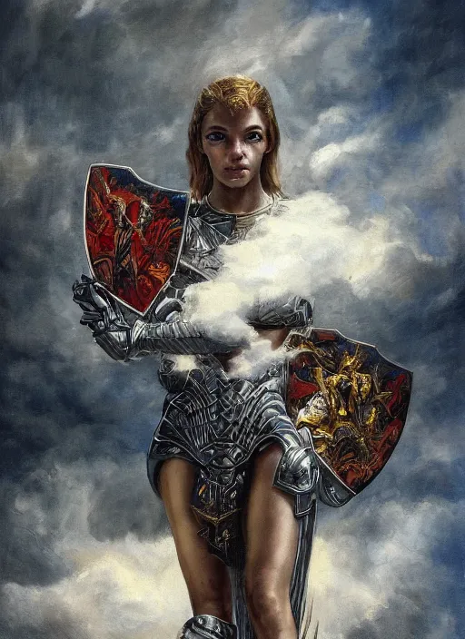 Image similar to symmetry!! closeup portrait of a beautiful biblical diabolical agile girl holding shield, reflective bio cyborg armor, in clouds, cinematic studio light, windy, sunrise, by gerald brom, by mikhail vrubel, by peter elson, muted colors, extreme detail! trending on artstation, 8 k