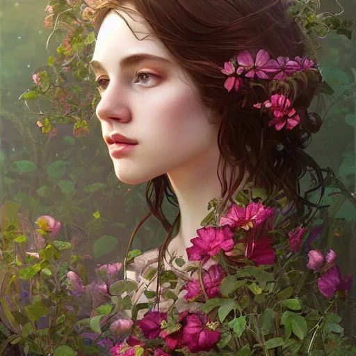 Image similar to A gorgeous young woman plant hybrid, vine and plants and flowers, intricate, digital painting, highly detailed, concept art, Artstation, Cgsociety, Artgerm, Alphonse Mucha, Wlop