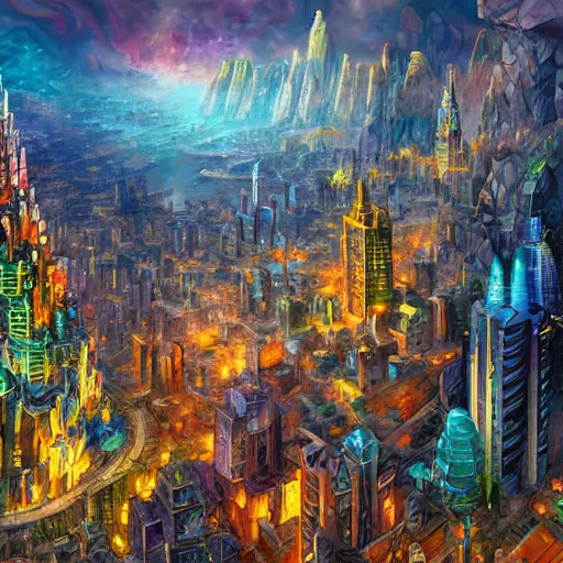 Image similar to gemstone crystal city, city made of bismuth cryengine render by android jones, james christensen, rob gonsalves, leonid afremov and tim white