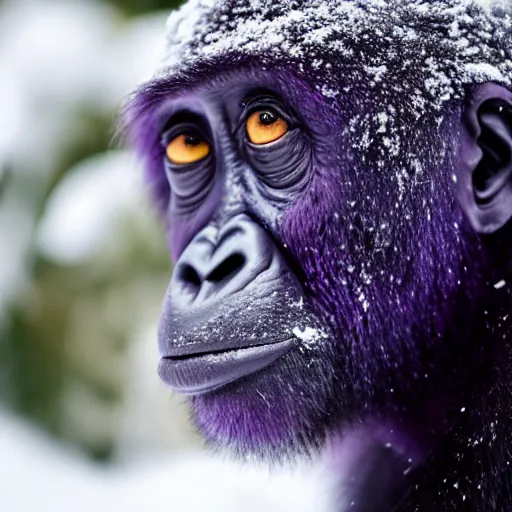 Image similar to a purple gorila, in snow, close up 4 k