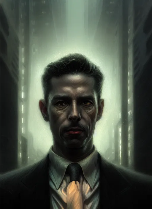 Image similar to closeup portrait shot of a noir detective in a scenic dystopian environment, intricate, elegant, highly detailed, centered, digital painting, artstation, concept art, smooth, sharp focus, illustration, artgerm, tomasz alen kopera, peter mohrbacher, donato giancola, joseph christian leyendecker, wlop, boris vallejo