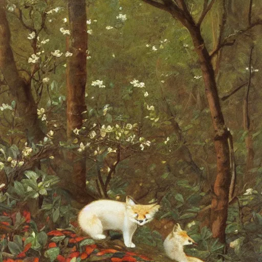 Prompt: !dream a portrait of a small Red Fox in a white magnolia forest in the style Alexandre Cabanel, wide shot