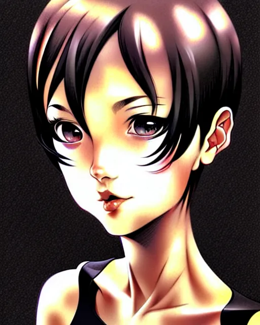 Prompt: portrait of an attractive young woman with amazing short hair wearing a short tight black dress think about the galaxy, art by Range Murata and Artgerm.