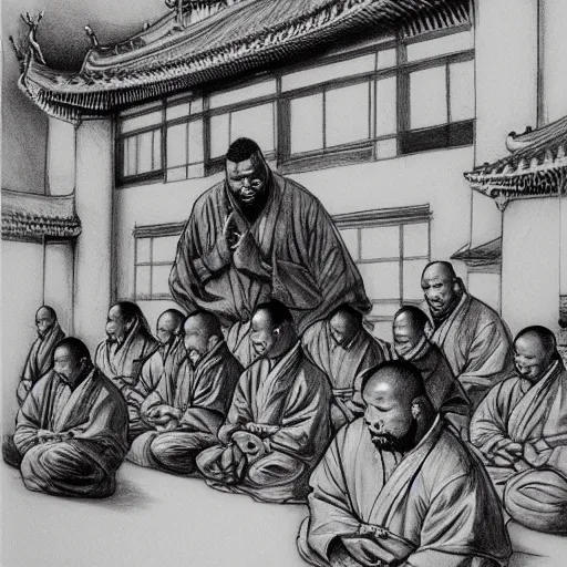 Image similar to pencil sketch of raekwon of wutang clan praying in front of a shaolin temple art by kim jung gi