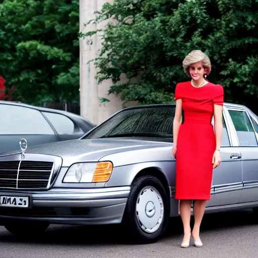 Image similar to award winning photograph of Princess Diana next to a silver Mercedes-Benz W140, Nikon D810, Sigma 35mm ƒ/2.5, award-winning, beautiful, photorealistic, detailed, portrait,