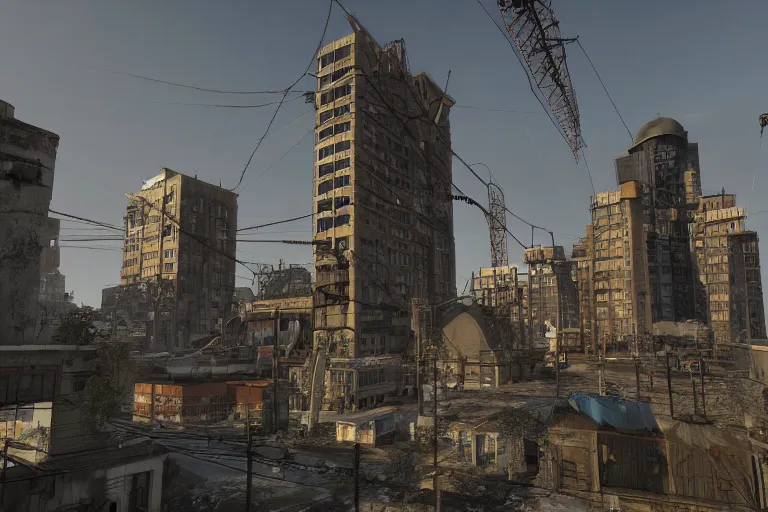 Prompt: Beta City 17 on half-life 2 beta with citadel building , rendered in octane, CryEngine, hype realistic, digital art, Artstation, Lovecraftian