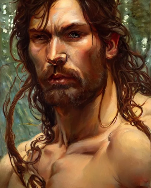 Prompt: god of the forest, male, detailed face, muscular, intricate, highly detailed, digital painting, artstation, concept art, sharp focus, illustration, art by greg rutkowski and alphonse mucha