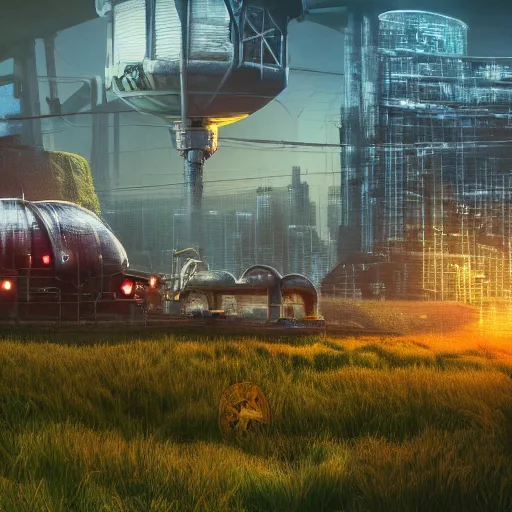 Image similar to fully detailed landscape of a cyberpunk farm , watertank, futuristic tractors, farmhouse, mushroom, overgrowth, Ai , cinematic lightening, in the future, high quality, 8k , octane render, trending on artstation , greg rutowski