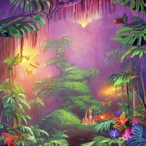 Image similar to an enchanted forest full of tropical flowers and fireflies, by joe jusko, trend in artstation
