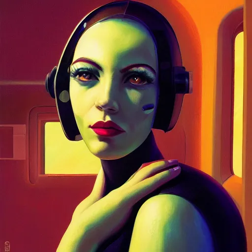 Image similar to detailed face of a woman, clockwork, moment, tectonic sky, skydome, bullet train, turbines, utopian, tech noir, wet reflections, prism, atmospheric, ambient, pj crook, syd mead, livia prima, greg rutkowski, edward hopper