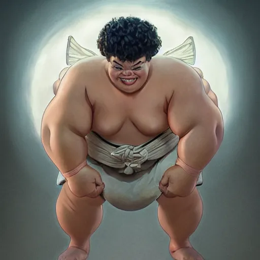 Image similar to gaten matarazzo as e. honda the sumo wrestler from street fighter, smiling, ultra realistic, concept art, intricate details, eerie, highly detailed, photorealistic, octane render, 8 k, unreal engine. art by artgerm and greg rutkowski and magali villeneuve and alphonse mucha