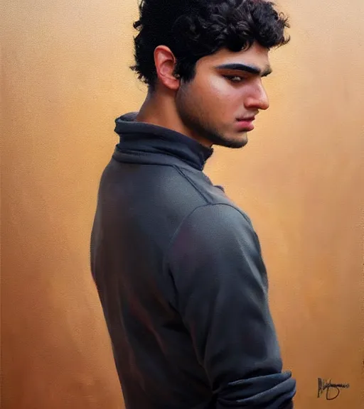 Prompt: oil painting by ilya kuvshinov, baugh casey, rhads, coby whitmore, of a persian - indian college student, fair olive skin, refined features, high cheekbones, handsome, curly black hair, outdoors, highly detailed, breathtaking face, studio photography, dawn, intense subsurface scattering, blush, supple look, innocence, intense sunlight